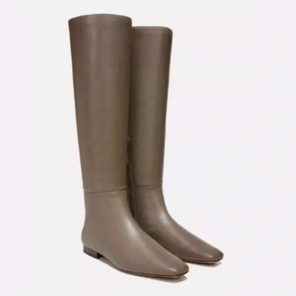 Vince Nella Knee High Boots Otter Grey Leather‎ Square Toe Flat Tall Sz 7